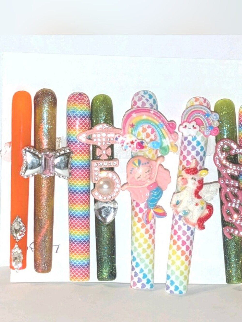 SolddddHand Crafted 6Xl Acrylic Rainbow & Orange Press-On Nails Set with Charms - Picture 8 of 16